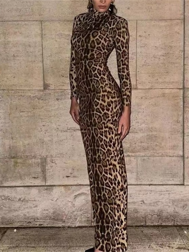  Femmes Robe Longue Maxi Robe Robe Décontractée Moulant Mode Extérieur Soirée Fête Coupe régulière Léopard manche longue Col roulé Marron Été