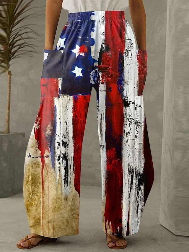  Calças Chino Femininas Largura Total Moda Rua Estilo Casual Cintura Alta Calças Gráfico Bandeira Bolso Cintura Elástica Estampado Confortável Macio Micro-elástico Ao Ar Livre