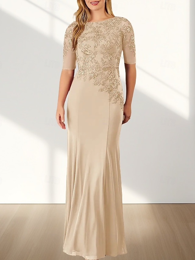 Zeemeermin  Trompet Moeder Van De Bruid Jurk Bruiloft Gast Elegante Crew Hals Vloerlengte Chiffon Halve Mouw Met Applicaties
