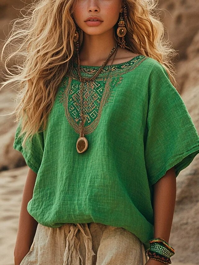 Women's Shirt Floral Bohemia Vintage Ethnic Half Sleeve Crew Neck Boat Neck Regular Tops Daily Holiday Going out Ruched Print Green Summer Spring3