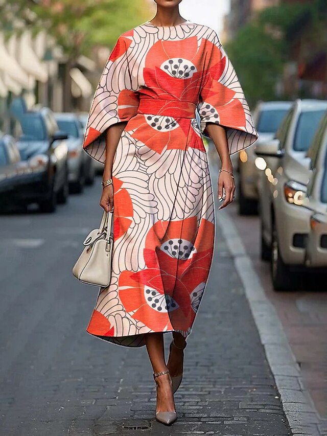 Women's Midi Dress Floral Dress Print Dress Classic Modern Outdoor Vacation Daily Regular Fit Flower Half Sleeve Crew Neck Pink Dark Green Orange Summer4