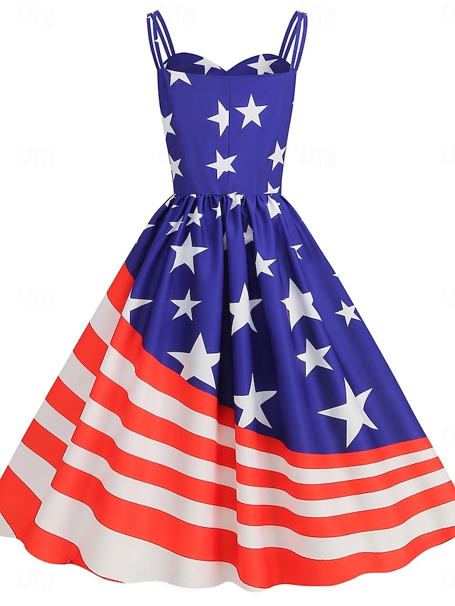  Kvinnenes patriotiske mini kjole A-line kjole glidende kjole av skulderen kjole avslappet utendørs ute vanlige passform amerikansk flagg ermeløs spaghetti stropp