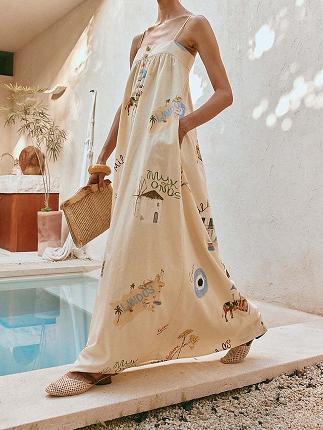  Pentru femei Rochie Lunga Rochie Maxi Rochii de in bumbac Rochie casual Modă În aer liber Petrecere Concediu Fit regulat Vopsire Fără manșon Bretele Spagheti Bej Vară