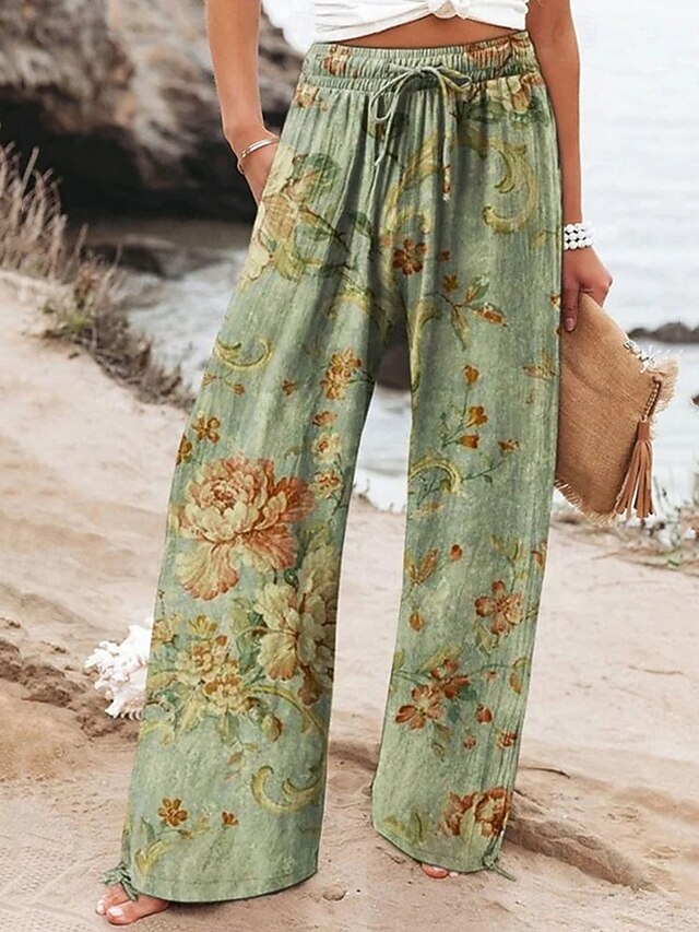 Women's Linen-Inspired Pants Wide Leg Palazzo Pants Fashion Boho Full Length High Waist Flower Elastic Waist Breathable Comfortable Micro-elastic Street Daily Wear Going out Green Gray Summer Spring3