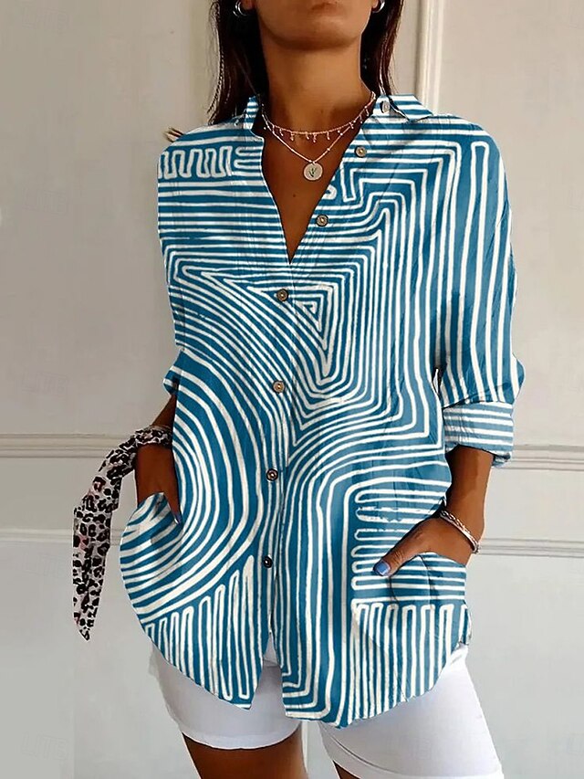 Women's Shirt Button Down Tunic Shirt Collar Long Sleeve Graphic Geometric Stylish Modern Casual Regular Tops Work Daily s Print Blue Green Khaki Spring Fall Winter4