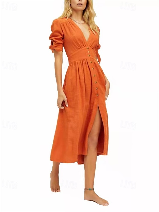  Femmes Robe Midi Robes en coton et lin Robe Décontractée Robe bohème Élégant Mode Extérieur Soirée Fête Coupe régulière Uni manche longue Col en V Orange Été