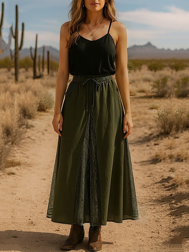  Damen Rock Schwingend Spitzenrock Lässig Boho Maxi Mittlere Taille Röcke Einfarbig Spitze Urlaub Ferien Grün Sommer Polyester