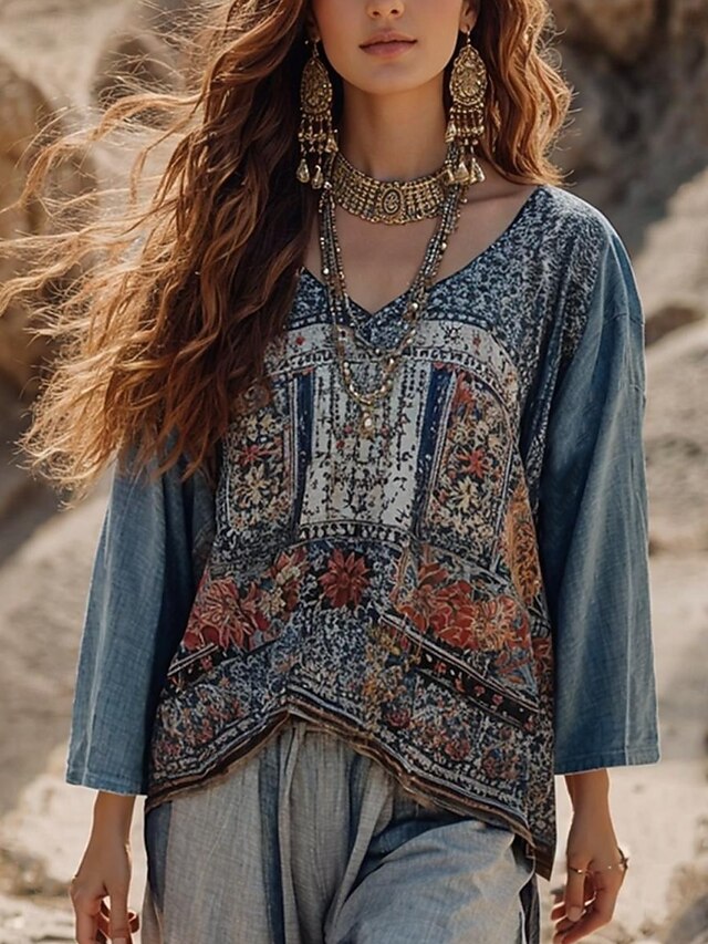 Women's Blouse Floral Graphic Bohemia Vintage Daily 3/4 Length Sleeve Crew Neck Boat Neck Regular Tops Daily Holiday Vacation Wear Print Dusty Blue Summer Spring3