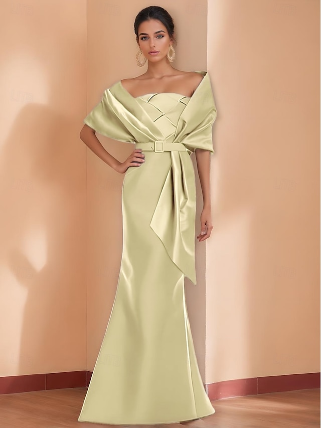  Schwarzes Meerjungfrau  Trompeten Abendkleid Elegantes Kleid Formal Hochzeit Bodenlänge Kurzarm Spaghetti-Träger Gürtel Satin mit Rüschen Schultertuch