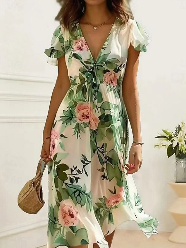 Women's Midi Dress A Line Dress Casual Outdoor Going out Beach Standard Fit Floral Graphic Short Sleeve V Neck Green Summer Spring4