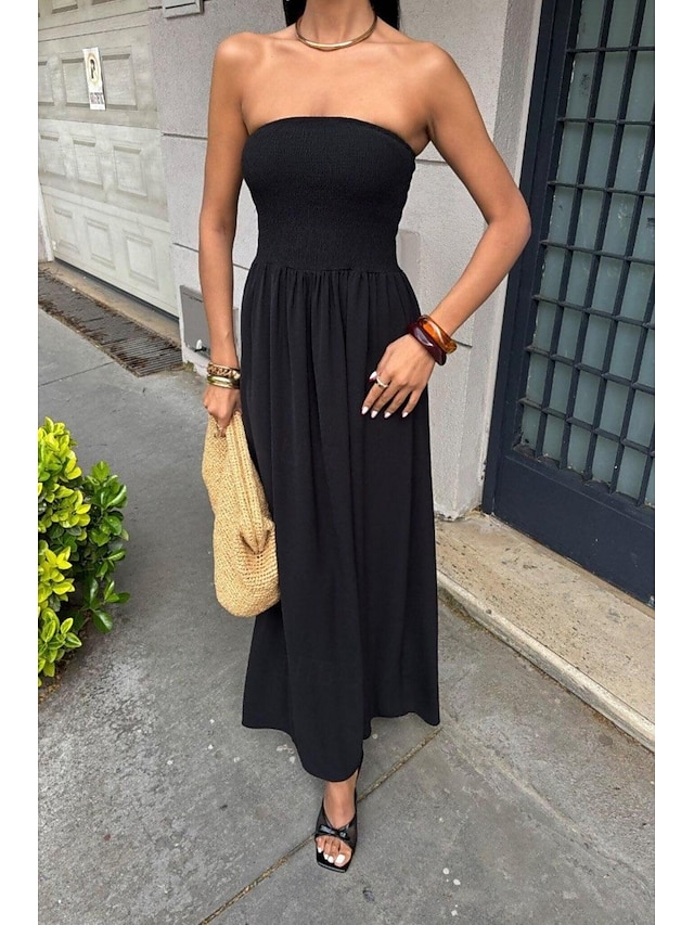  Dam Långklänning Maxiklänning Swingklänning Sommarklänning Elegant Utekväll Strand Sommarklänning Normal Ren färg Ärmlös Axelbandslös Svart Gul Brun Beige Sommar