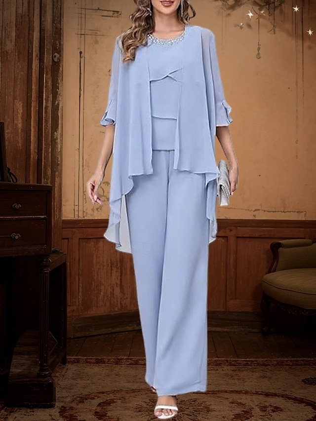  Completo  Abito da Pantaloni 3 Pezzi Abito Elegante per la Madre della Sposa Semplice Minimalista Collo a Giro Lunghezza Terra Lunghezza Caviglia Chiffon Maniche Mezza con Cristalli Ruches Scendenti