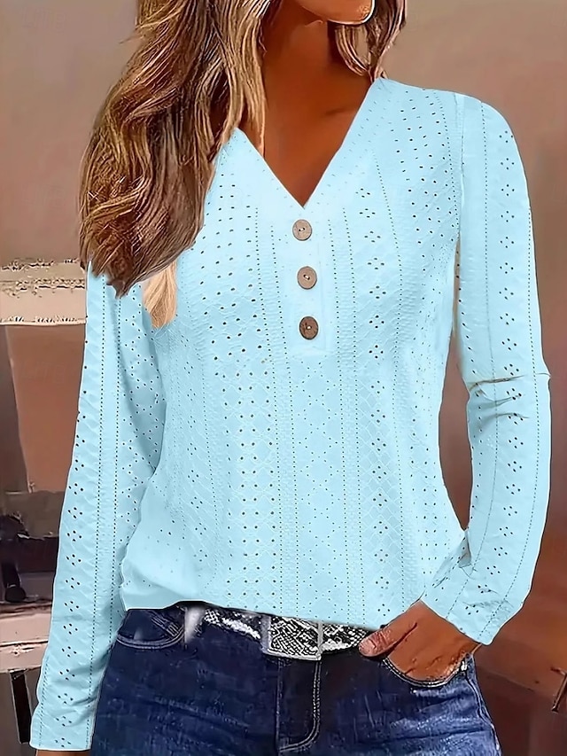  Femmes Chemisier Couleur Unie ancien Tropical Élégant manche longue Col en V Hauts Réguliers Quotidien Boutons Œillet Blanche Jaune Rose Claire Bleu Été