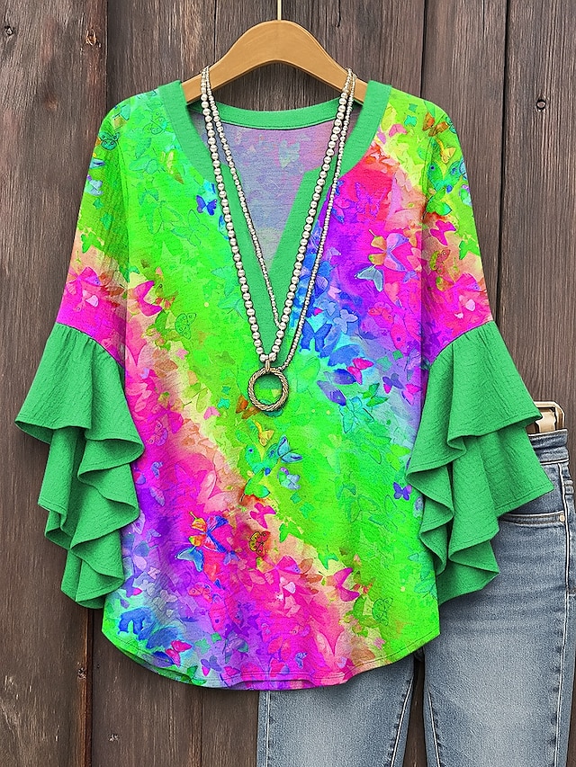  Parada del Orgullo LGBT Orgullo Rainbow Blusa de Mujer con Mangas de Volantes Capas Estilo Ombre Gráfico Geométrico Bohemia Vintage Étnico Manga 3/4 Cuello en V Tops Regulares Diarios Uso en