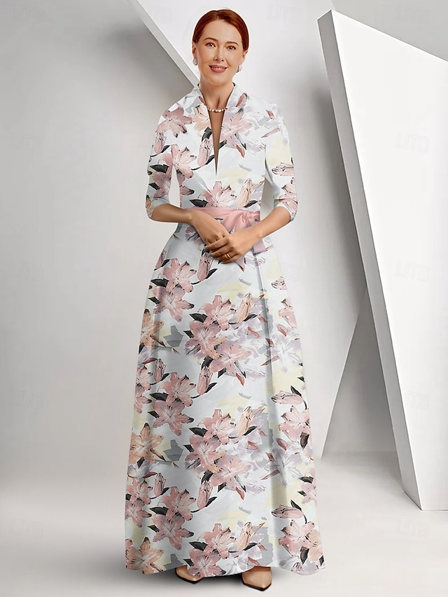  Sukienka matki panny młodej w stylu A-line elegancki nadruk kwiatowy królowa Anna długość do ziemi satynowe rękaw 3/4 z sukienką na dzień wyścigów sukienka dla gości weselnych