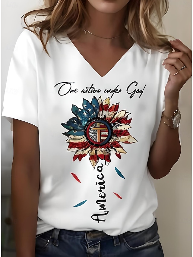  Női Patrióta Póló Grafika Amerikai Zászló Vintage Stílusos Klasszikus Rövid Ujjú V Nyakú Rendes Felsők Napi Hétvégi Nyomtatás Fekete Fehér Sárga Kék Nyár Tavasz