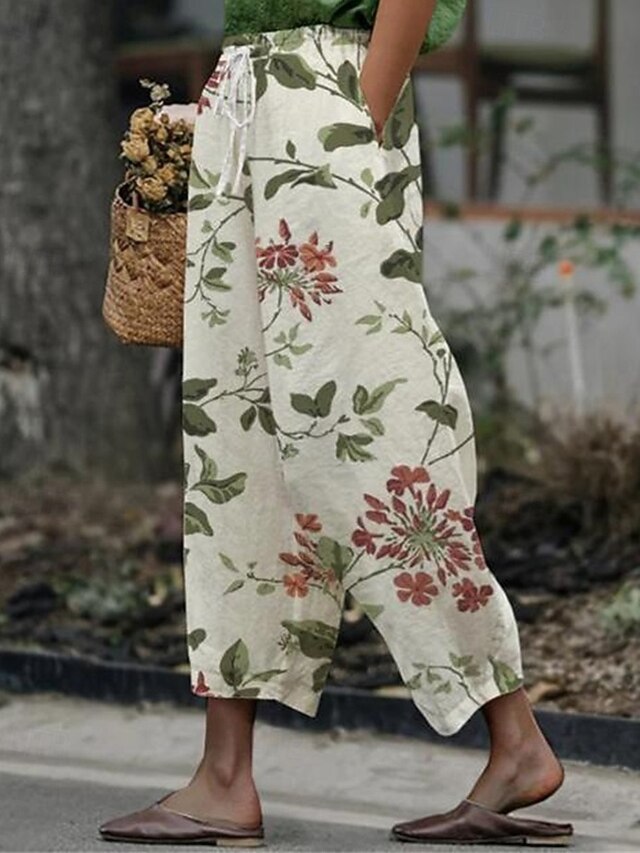 Women's Cotton Linen Pants Cropped Pants Streetwear Boho Ankle-Length Mid Waist Floral Elastic Waist Comfortable Daily Wear Going out White Summer Spring Regular Fit4