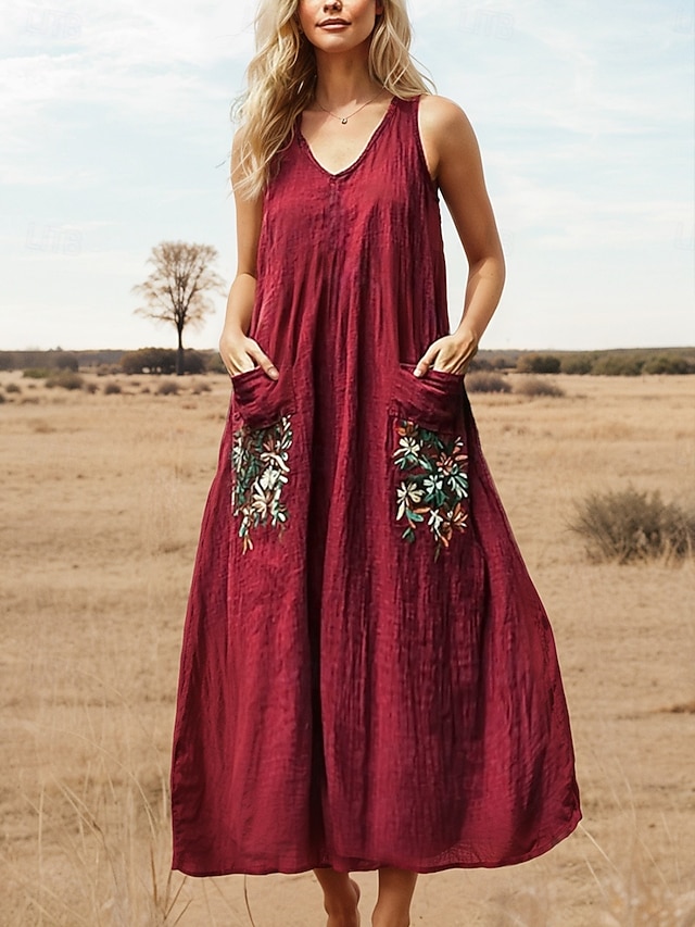  Pentru femei Rochie Lunga Rochie Maxi Rochie casual Rochie leagăn Rochie de vară Rochie Boho Epocă Vacanță Zilnic Concediu Fit regulat Floral Fără manșon În V Roșu Vin Vară