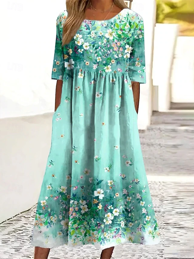 Women's Midi Dress Summer Dress Pleated Dress Vacation Casual Holiday Loose Fit Floral Graphic Short Sleeve Crew Neck Red Green Summer3