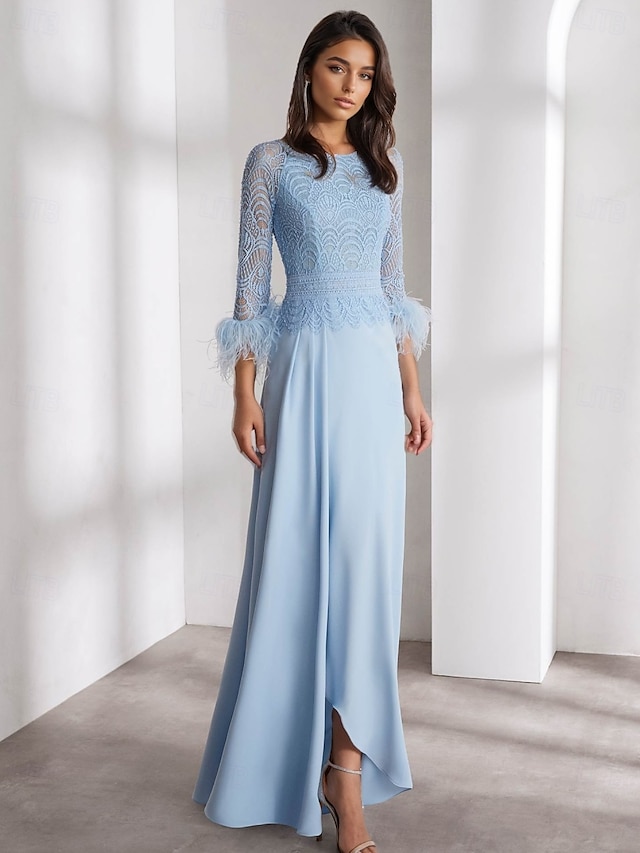  Blue A-Line Evening Gown Elegant Dress Formal Wedding Floor Length Long Sleeve Crew Neck Chiffon with Feather Ruffles 2025