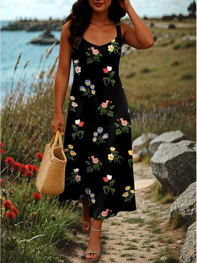  Dam Maxiklänning A linjeklänning Off Shoulder Klänning Semester Ledigt Strandstil Fest Normal Blommig Grafisk Ärmlös Fyrkantig hals Svart Vit Blå Grön Sommar Vår