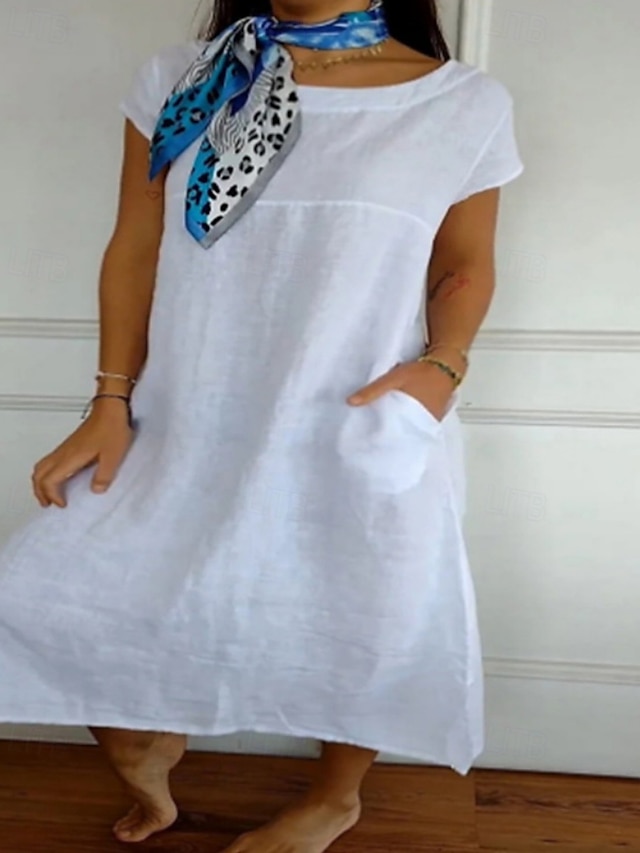  Per donna Abito Midi Vestito Casual Abito in cotone e lino Moda Classico All'aperto Ferie Uscire Vestibilità regolare Semplice Manica Corta Girocollo Nero Bianco Cachi Estate