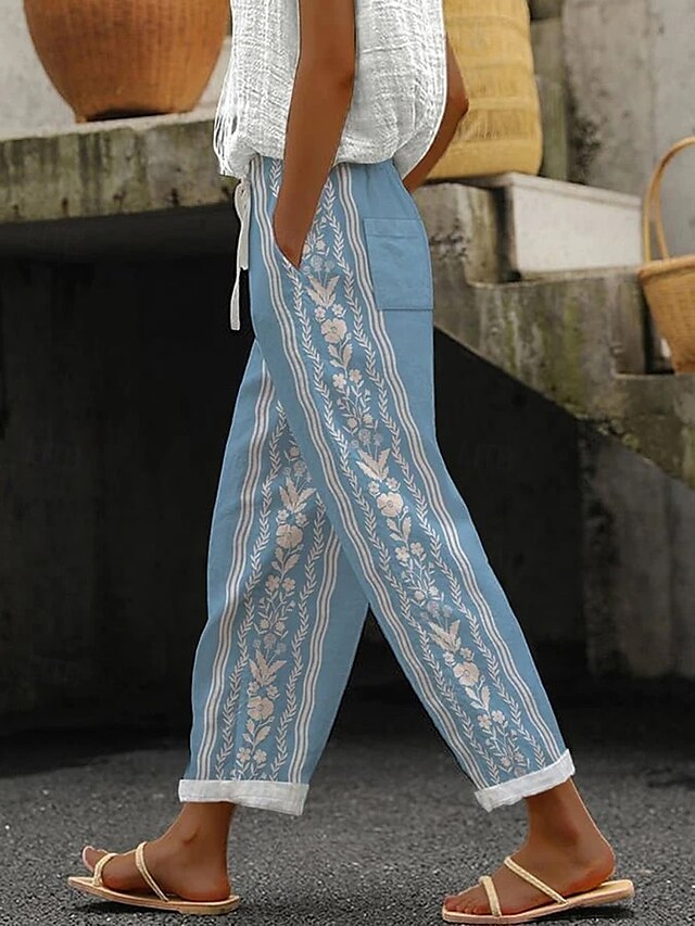  Damen Chinos Baggy-Hosen Strandshorts Urlaub Vintage Mode Volle Länge Hohe Taille Blumen Grafik Geometrisch Drucken Thermowarm Atmungsaktiv Weich Mikroelastisch Formell Urlaub Straße Rubinrot Orange