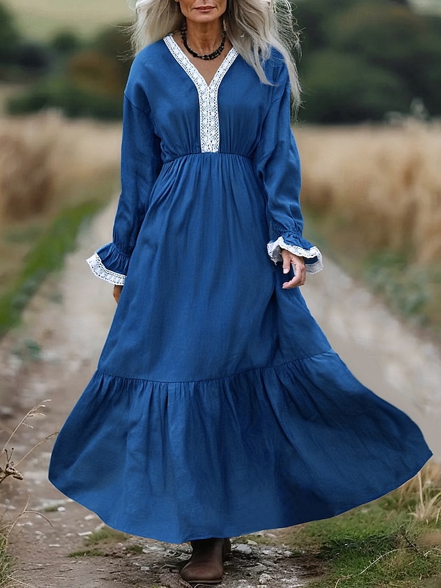  Naisten Pitkä mekko Maxi mekko Boho-mekko Länsimainen mekko Muoti Moderni Loma Pyhäpäivä Bile Normaali Väripalikka Pitkähihainen V kaula-aukko Sininen Kesä