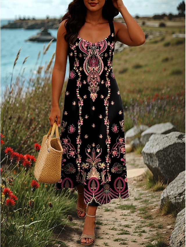  Damen Maxikleid Sommerkleid A Linie Kleid Schulterfreies Kleid Urlaub Lässig Boho Party Ausgehen Strand Normale Passform Grafik Stammes Ärmellos Quadrathals Schwarz-rot Weiß Violett Grün Sommer