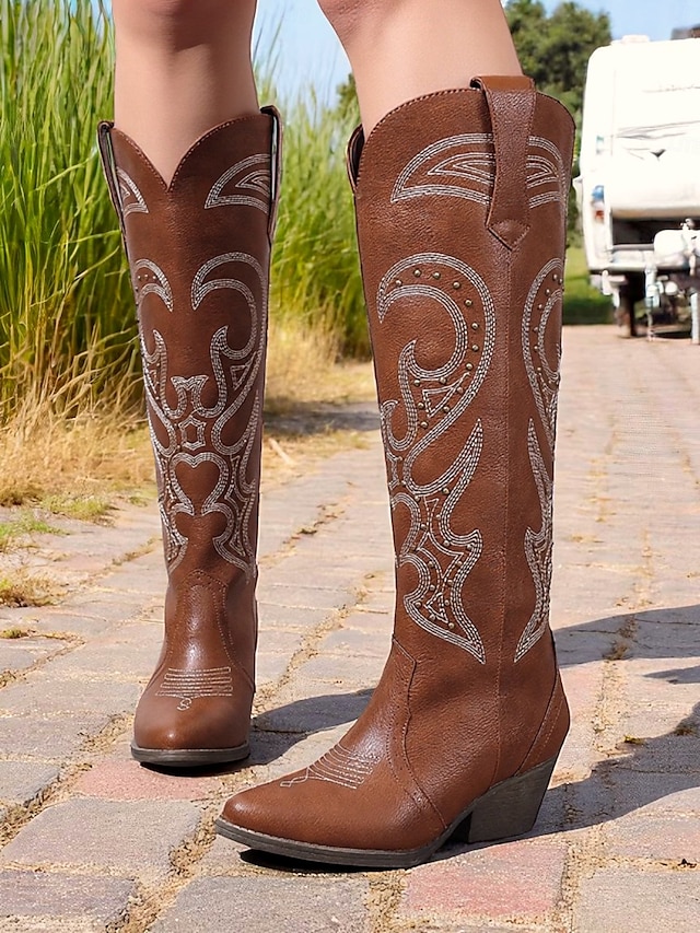  cizme de cowboy occidentale de damă cu design brodat – cizme elegante maro cu toc bloc pentru festivaluri de muzică, îmbrăcăminte casual și evenimente în aer liber