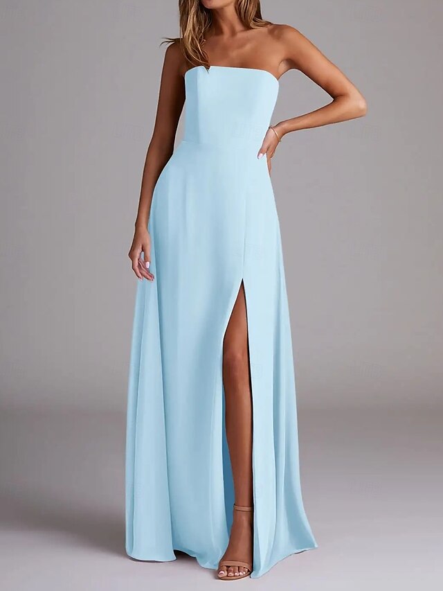  Abito da damigella a trapezio, scollo a V, maniche lunghe, elegante, strascico a ruota in chiffon con pieghe e volant 2025