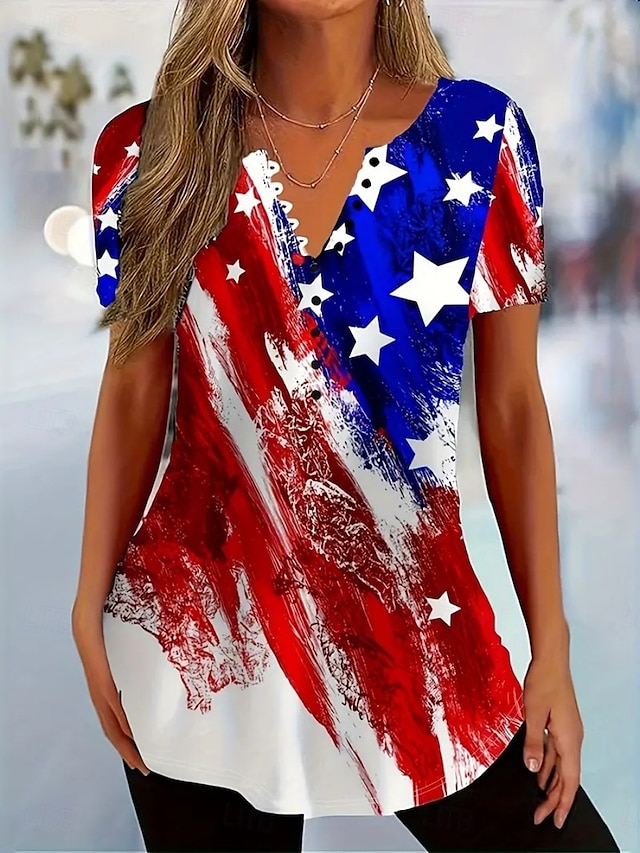  Independence Day Women's Blouse Flag Stylish Casual Beach Short Sleeve V Neck Regular Tops Daily Buttons Print White Wine Red Blue Summer