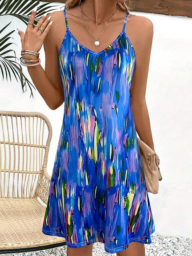  Damen Minikleid A Linie Kleid Sommerkleid Unterkleid Urlaub Lässig Normale Passform Grafik Farbblock Abstrakt Ärmellos V Ausschnitt Blau Orange Sommer Frühling