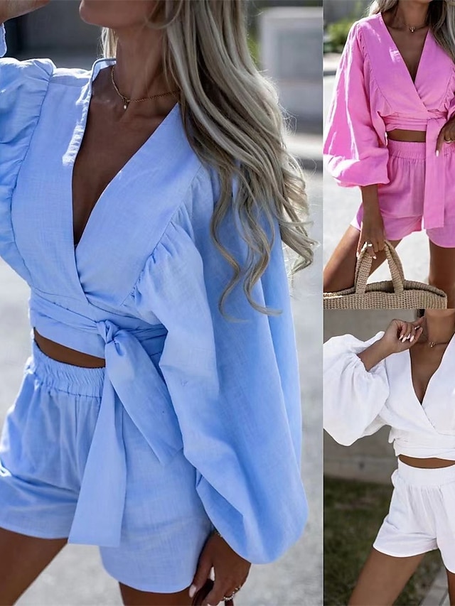  Mulheres Moda Roupa de rua Camisas de algodão e linho Conjuntos de linho de algodão Conjuntos de shorts Manga Curta Decote em V Profundo Tecido Imprimir Roupa Diária Encontro Rosa Azul Verão Normal