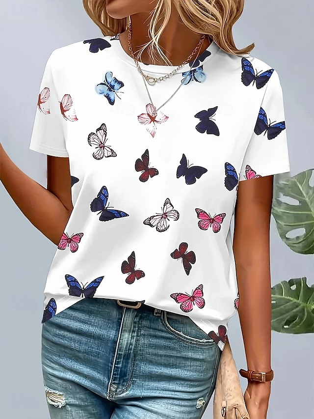  Women's T Shirt Graphic Animal Butterfly Vintage Stylish Classic Short Sleeve Crew Neck Round Neck Regular Tops Daily Weekend Print White Summer Spring