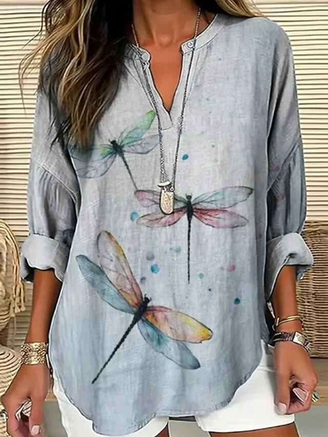 Women's Shirt Animal Daily Stylish Basic Long Sleeve V Neck Regular Tops Daily Holiday Print Navy Blue Green Light Blue Spring Fall4