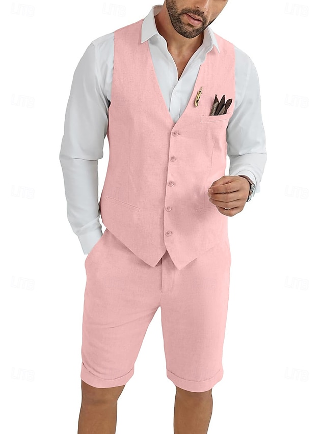  Vestă bărbătească de in, costum de mireasă, pantaloni scurți, vestă de vară, solid, formal, albastru deschis, albastru deschis închis, culoare casual, 2 piese, croială ajustată
