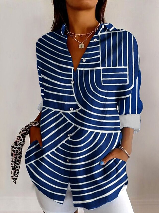 Women's Shirt Button Down Tunic Shirt Collar Long Sleeve Graphic Geometric Stylish Modern Casual Regular Tops Work Daily s Print Blue Green Spring Fall Winter3