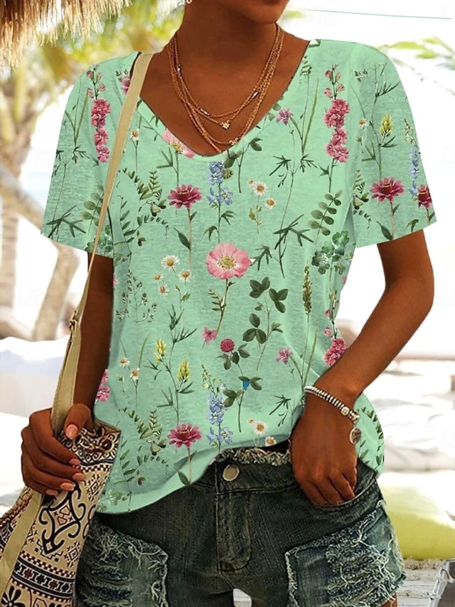  Femmes T-shirt A Ombre Graphique Plantes Mode Hawaïen Occasionnel Manche Courte manche longue Col en V Hauts Réguliers Quotidien Sortir Week-end Imprimé Blanche Vert Claire Bleu Violet Été Printemps