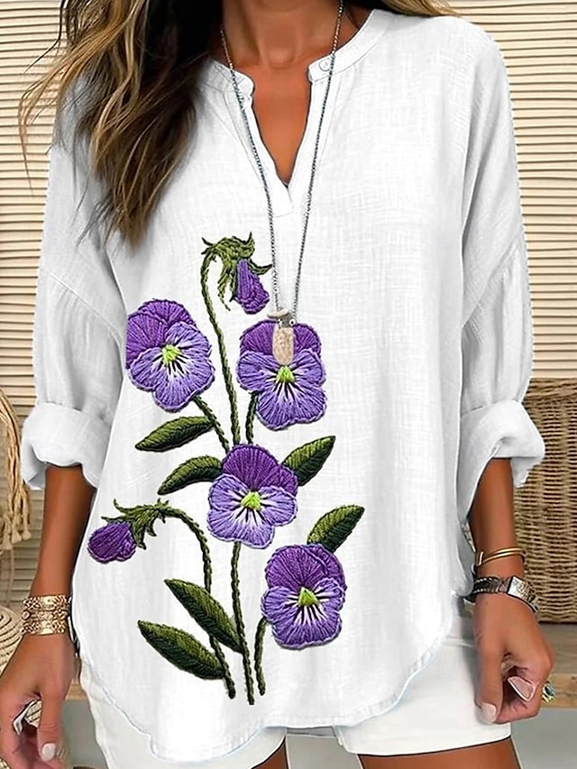  Dames Overhemd Bloem Dagelijks Stijlvol Basic Lange mouw V-hals Normale tops Dagelijks Feestdagen Afdrukken Zwart Wit Rood Lente Herfst