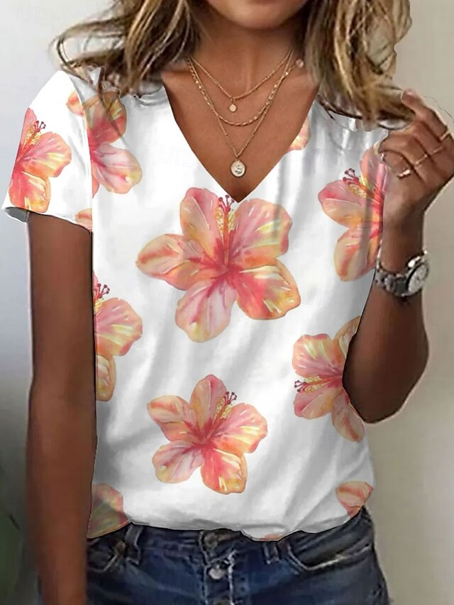 Women's T Shirt Floral Graphic Vintage Stylish Classic Short Sleeve V Neck Regular Tops Daily Print Orange Summer Spring4