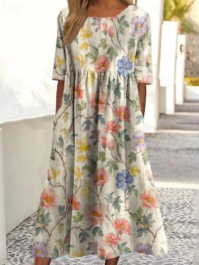  Femmes Robe Midi Robe Décontractée Robe Fleurie Classique Moderne Extérieur Quotidien Fête Coupe régulière Fleur Manche Courte Col ras du cou Jaune Bleu Fuchsia Abricot Été