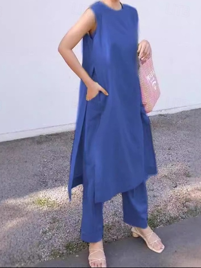  Femmes Mode Streetwear Ensembles en coton et lin Ensembles de Pantalons Manche Courte Col ras du cou Uni Tenue quotidienne Date Rose Claire Bleu Vert Été Coupe régulière