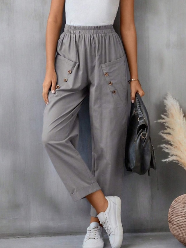  Femmes Pantalon en coton et lin Slacks Mode Streetwear Longueur complète Naturel Uni Avec Poches Taille Élastique Confortable Sortir Week-end Chameau Noir Rose Bleu Été Coupe régulière