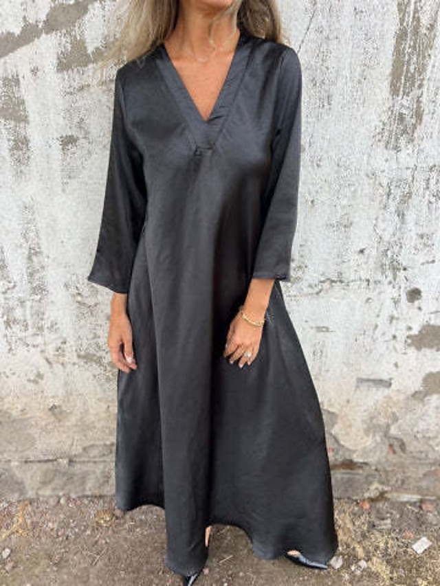  Femmes Robe Longue Maxi Robe Robes en polycoton et lin texturé Robe Décontractée Robe d'été Classique Moderne Quotidien Week-end Coupe régulière Uni Manche 3/4 Col en V Noir Marron clair Grise Été
