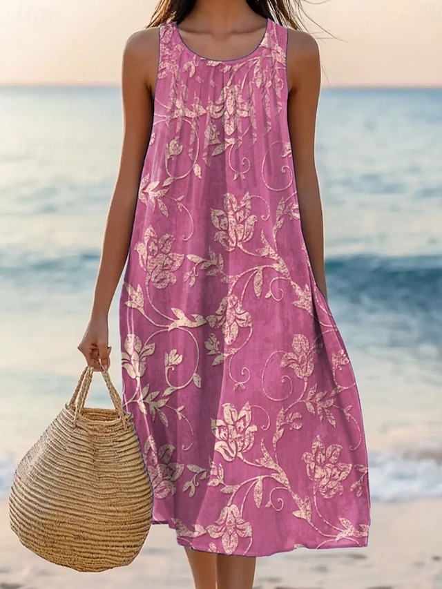  Dames Halflange jurk Geplooide jurk Vakantie Casual Boho Strand Normale pasvorm Ombre Bloemig Grafisch Mouwloos Ronde hals Blozend Roze Grijs Zomer Lente