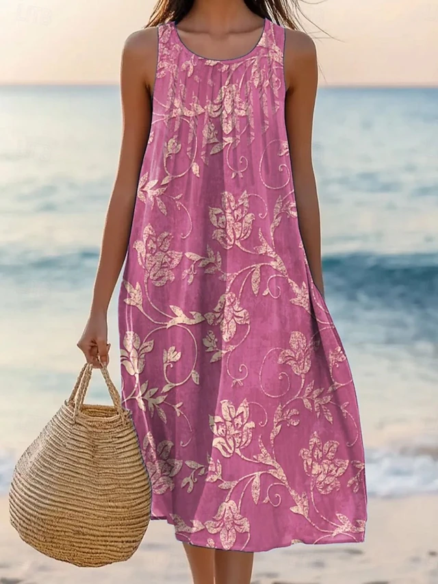 Women's Midi Dress Pleated Dress Vacation Casual Boho Beach Regular Fit Ombre Floral Graphic Sleeveless Crewneck Pink Grey Summer Spring3