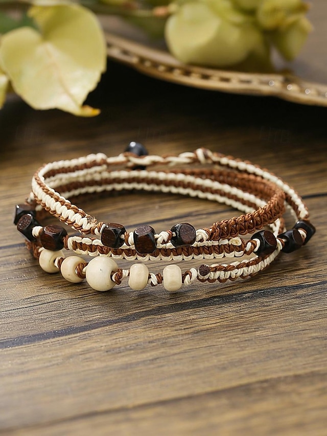  Juego de pulseras de cuentas hechas a mano para hombre: madera natural y cordón trenzado, joyería ajustable de estilo bohemio para playa, festivales y ropa informal.