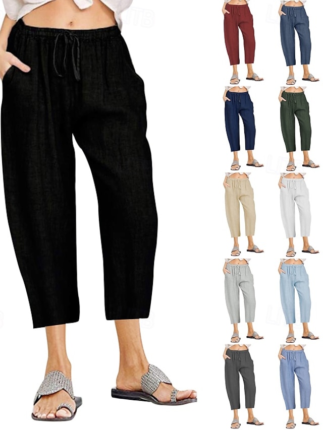 Dam Byxor av linne i bomull Capribyxor Byxor Streetwear Ledigt Vadlängd Naturlig Slät Ficka Elastisk dragsko-design Bekväm Utomhus Utomhus Semester Helgdag Rödvin Påfågelblå Flodblå Ljus himmelblå
