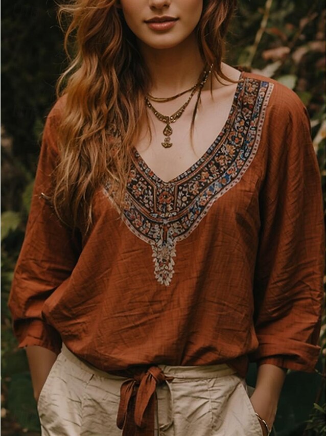 Women's Blouse Floral Graphic Geometric Bohemia Vintage Tropical 3/4 Length Sleeve V Neck Regular Tops Ruched Print Maroon Summer Spring3